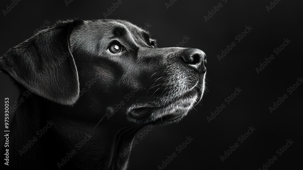 Dark black and white portrait of a dogs head on black background Dark black and white portrait of a dogs head on black background