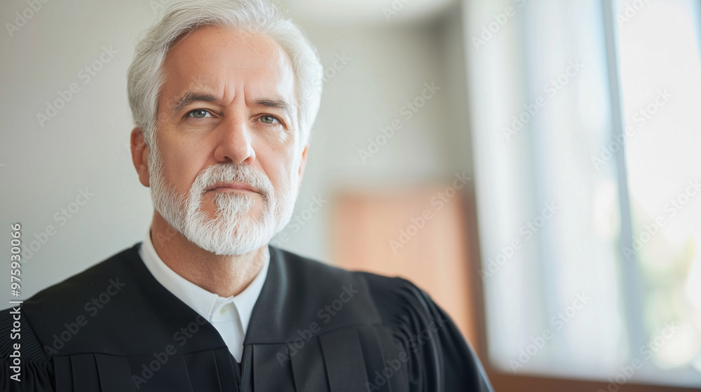 A focused close-up shot of a 50-year-old judge in a robe, framed against a white background, capturing the intensity and seriousness of the role. photo A focused close-up shot of a 50-year-old judge in a robe, framed against a white background, capturing the intensity and seriousness of the role. photo
