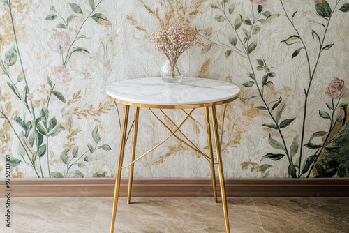A chic marble top side table with golden legs, placed before a textured  background with botanical motifs.