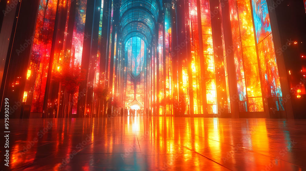 Abstract 3D Artwork of a Modern Hallway with Stained Glass Windows Abstract 3D Artwork of a Modern Hallway with Stained Glass Windows