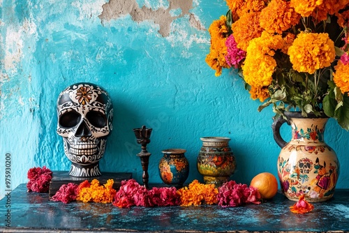 Day of the dead blue background with skull mask and flowers. Banner with dia de los muertos skull for postcard, greeting invitation or poster