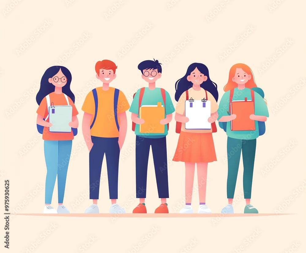 Illustration of five diverse students standing together with books and backpacks, signifying education and teamwork. Illustration of five diverse students standing together with books and backpacks, signifying education and teamwork.