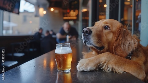 A dog rests its paw on the bar counter, gazing at a glass of beer, seemingly thirsty on a dog-friendly patio