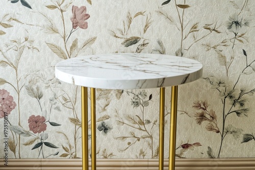 A chic marble top side table with golden legs, placed before a textured  background with botanical motifs.
