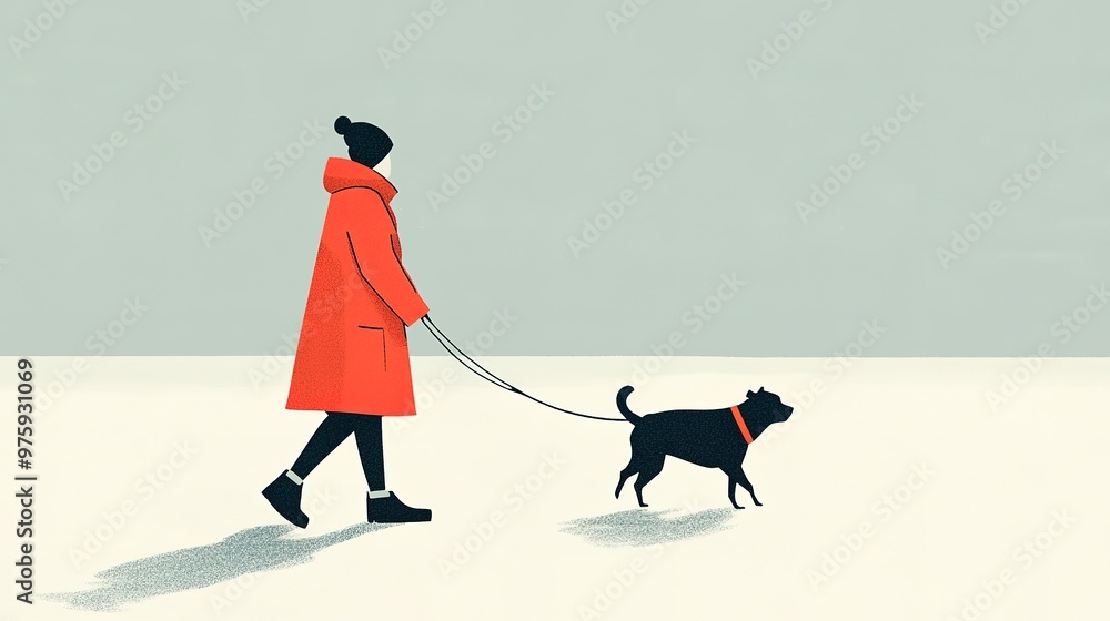 Illustration of a person wearing a red coat walking a dog on a leash against a minimalist background, depicting a peaceful outdoor stroll. Illustration of a person wearing a red coat walking a dog on a leash against a minimalist background, depicting a peaceful outdoor stroll.