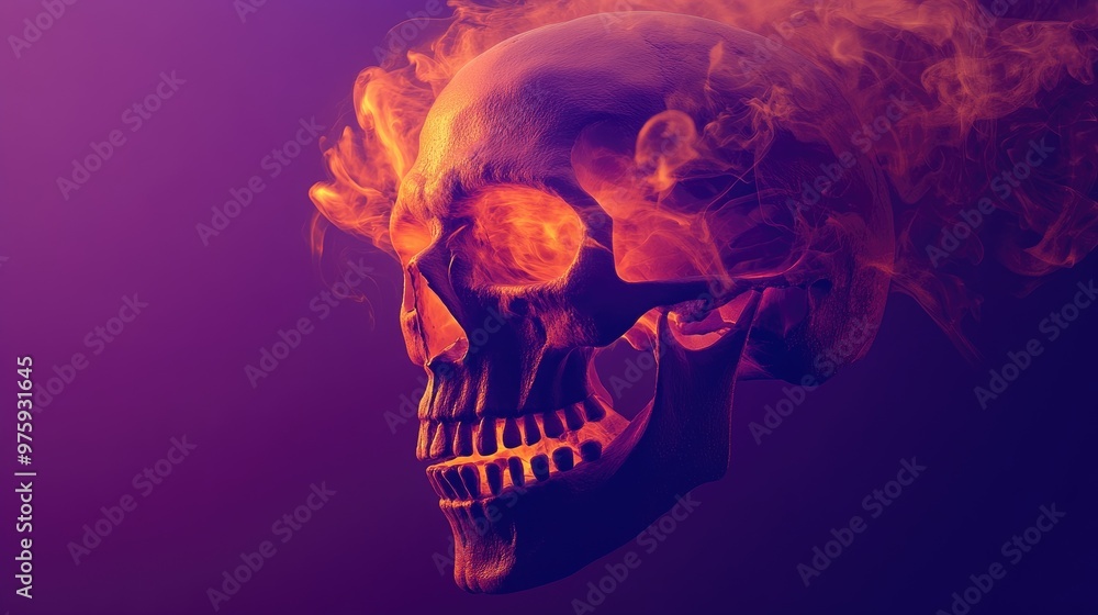 A skull with vivid orange smoke emerging from its eyes on a solid purple backdrop, creating a haunting and modern Halloween vibe A skull with vivid orange smoke emerging from its eyes on a solid purple backdrop, creating a haunting and modern Halloween vibe