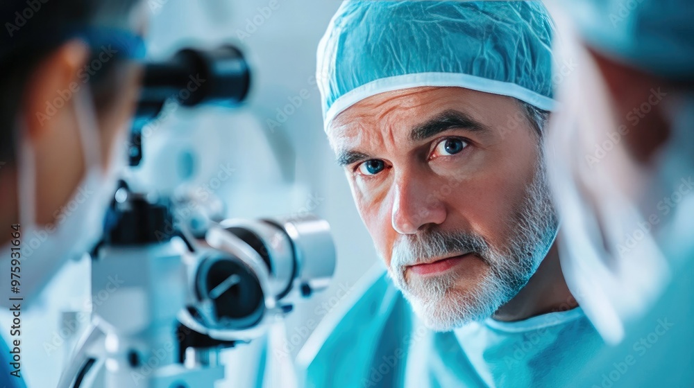 A cataract surgery consultation, with a patient discussing the benefits and risks of the procedure with a doctor. A cataract surgery consultation, with a patient discussing the benefits and risks of the procedure with a doctor.