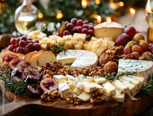 A Festive Cheese Board with Brie, Blue Cheese, Figs, and Walnuts