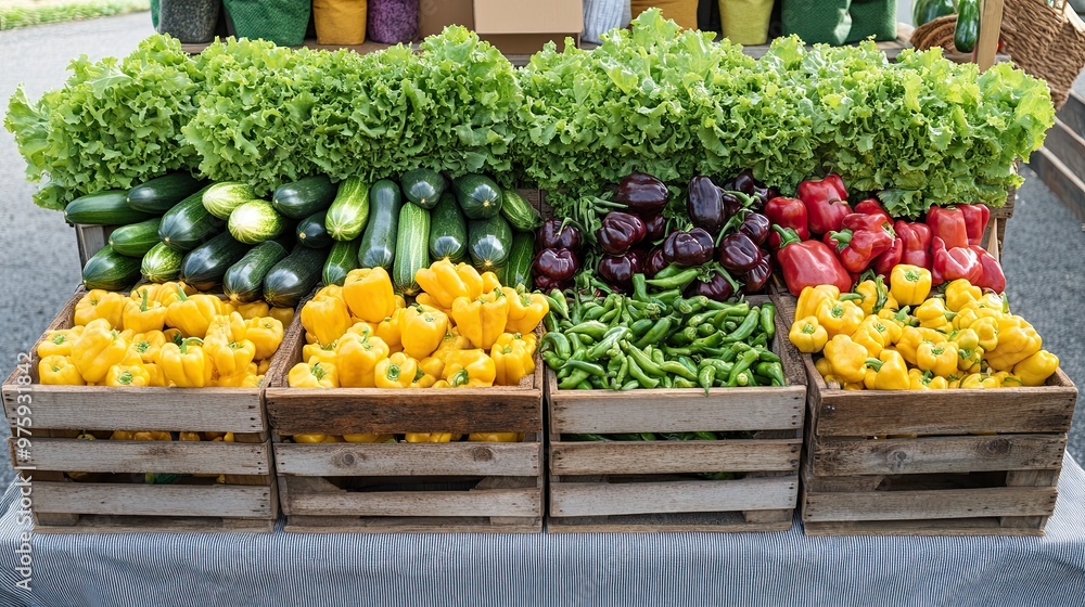 7. A market stall overflowing with organic produce, including fresh lettuce, peppers, and zucchini, displayed in wooden crates, with eco-friendly bags in the background 7. A market stall overflowing with organic produce, including fresh lettuce, peppers, and zucchini, displayed in wooden crates, with eco-friendly bags in the background