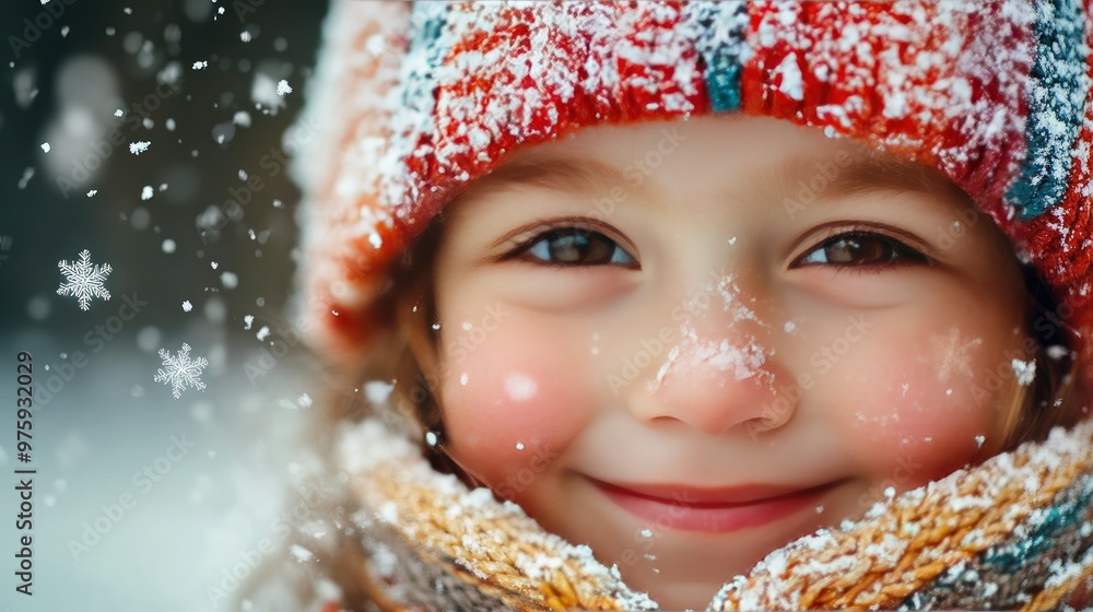 A close-up of a child's face, smiling and red-cheeked, with snowflakes resting on their hat and scarf. A close-up of a child's face, smiling and red-cheeked, with snowflakes resting on their hat and scarf.