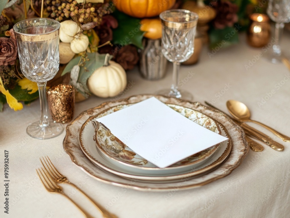 Elegant Table Setting with Blank Card and Autumn Decor Elegant Table Setting with Blank Card and Autumn Decor