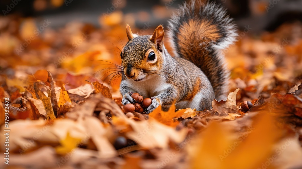 Fototapeta premium A close-up of a squirrel gathering acorns among fallen autumn leaves in a park.