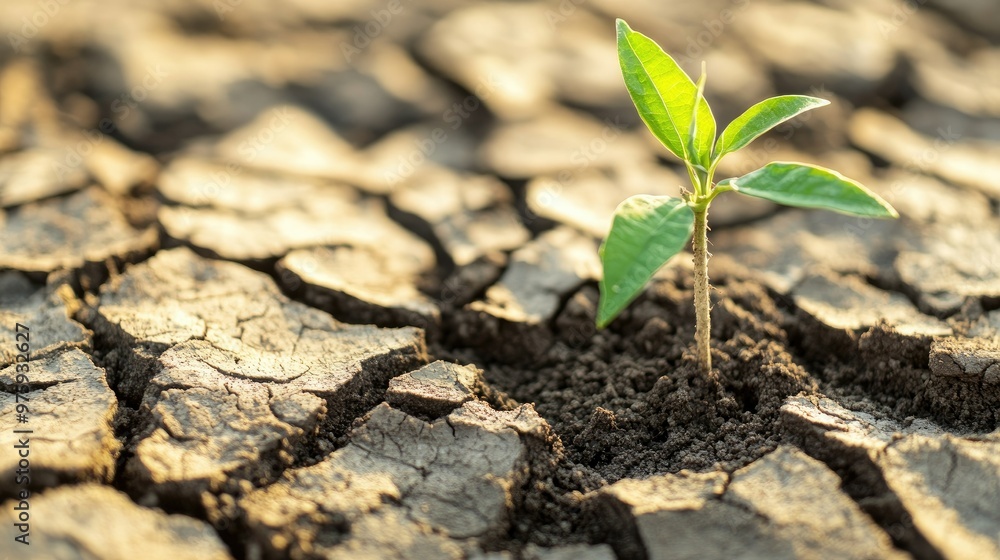 A close-up of cracked, dry soil, with a lone plant struggling to grow in the harsh conditions. A close-up of cracked, dry soil, with a lone plant struggling to grow in the harsh conditions.