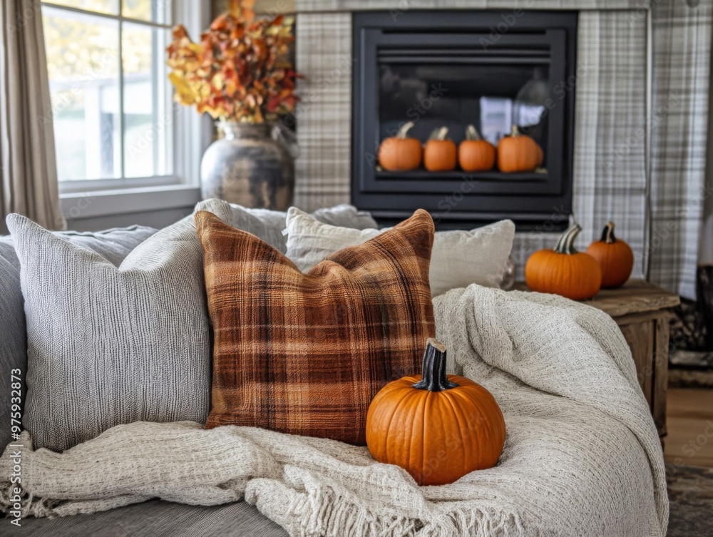 Fototapeta premium Cozy Living Room with Plaid Pillow and Pumpkin
