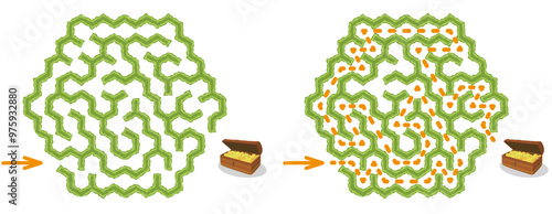 Try to find chest with golden coins inside green hedge maze vector Illustration. Top view of the open air hexagonal labyrinth made of garden bushes and grass. Easy difficulty level