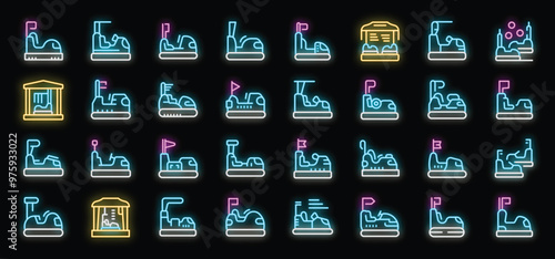 Bumper cars icons set. Isometric set of bumper cars vector icons neon color on black background