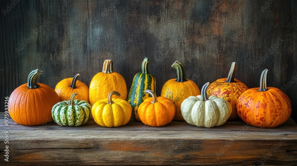 A collection of colorful gourds and mini pumpkins arranged on a rustic wooden table A collection of colorful gourds and mini pumpkins arranged on a rustic wooden table
