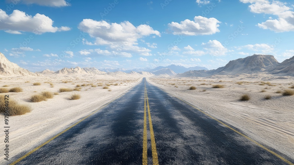 Naklejka premium A desert highway stretching out into the distance, cutting through vast stretches of sand and rock.