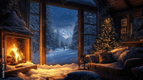 A cozy winter scene inside a snow-covered cabin, with a warm fire burning and snow outside the window. photo