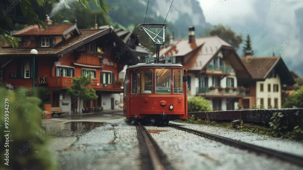 Animation Red tram running through a snowy landscape generated with ai Animation Red tram running through a snowy landscape generated with ai