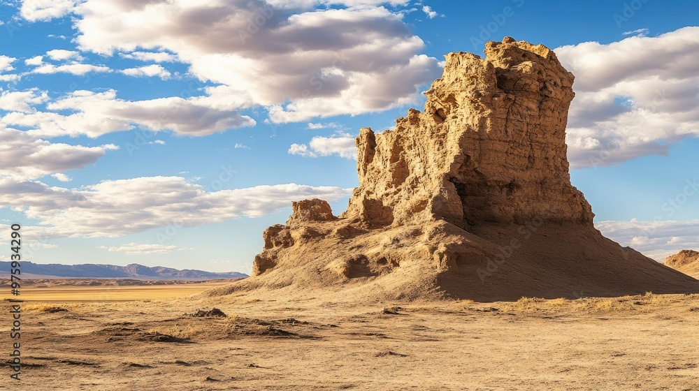 A desert rock formation eroded by wind and sand over time, standing tall against the open sky A desert rock formation eroded by wind and sand over time, standing tall against the open sky