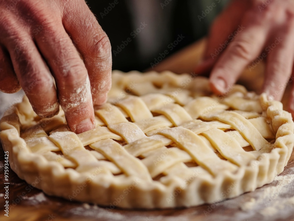 Close-up of a Hand Pressing Down on a Lattice-Top Pie Crust Close-up of a Hand Pressing Down on a Lattice-Top Pie Crust