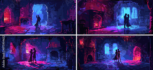 Dancing phantoms animated vector illustrations. Man woman old cracked walls nightfall ancient setting castle dungeon aristocratic ladies ghostly couple spooky room game dark romantic scenes