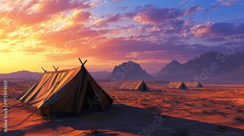 A desert tent camp at dawn, with the first rays of sunlight illuminating the sandy landscape and casting long shadows.