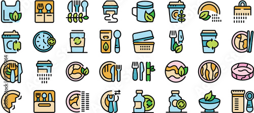 Eco friendly dishes and cutlery for carrying food set icons in thin line style