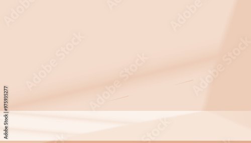 Studio Background with window shadow, white light on cream wall for Autumn product,Fall Background of kitchen room with nature light on 3d podium floor,Minimal scene display mockup for Easter banner