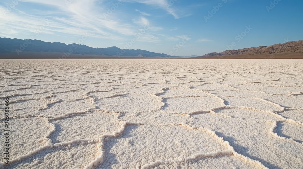 A dry, desolate salt flat in the desert, with the ground covered in a thin crust of white salt crystals. - A dry, desolate salt flat in the desert, with the ground covered in a thin crust of white salt crystals. -