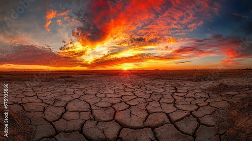 A dry season sunset, with the sky painted in warm hues of orange and red, and the ground cracked and barren.