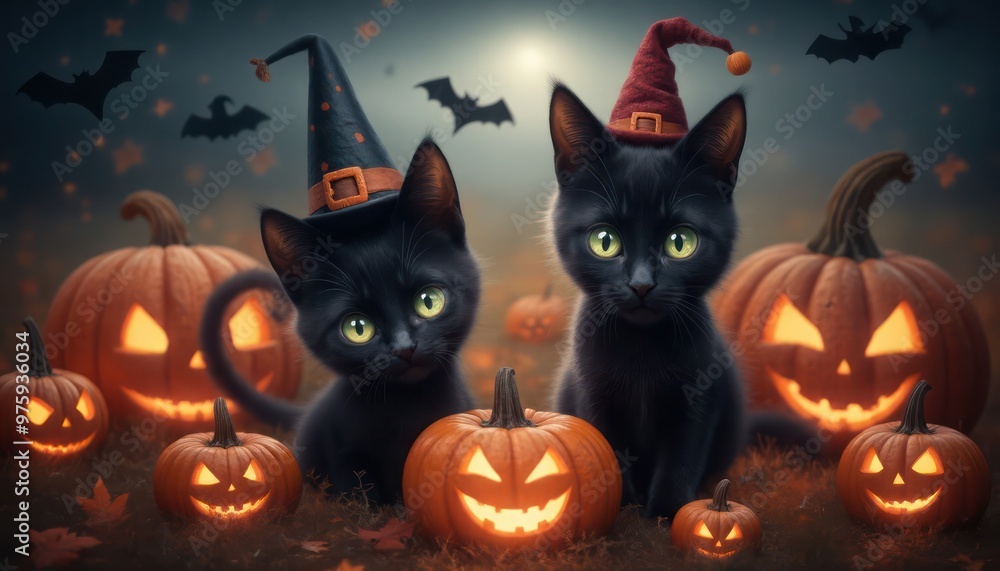 Halloween banner featuring a cute blak cats Halloween attributes, small pumpkins on orange and black background Halloween banner featuring a cute blak cats Halloween attributes, small pumpkins on orange and black background