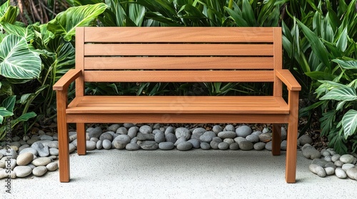 A teak garden bench surrounded by natural elements like pebbles and plants, illustrating the durability and sustainability of teak in outdoor settings photo