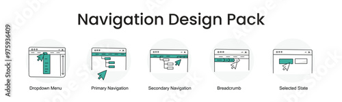 Navigation Design Pack. Icons included: Primary Navigation, Secondary Navigation, Breadcrumb, Dropdown Menu, Selected State