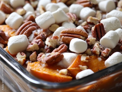 Sweet Potato Casserole Topped with Pecans and Marshmallows