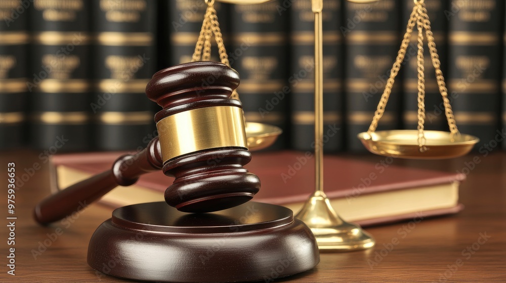 A gavel in front of a law book and scales of justice, illustrating legal decisions and fairness in judicial matters. A gavel in front of a law book and scales of justice, illustrating legal decisions and fairness in judicial matters.