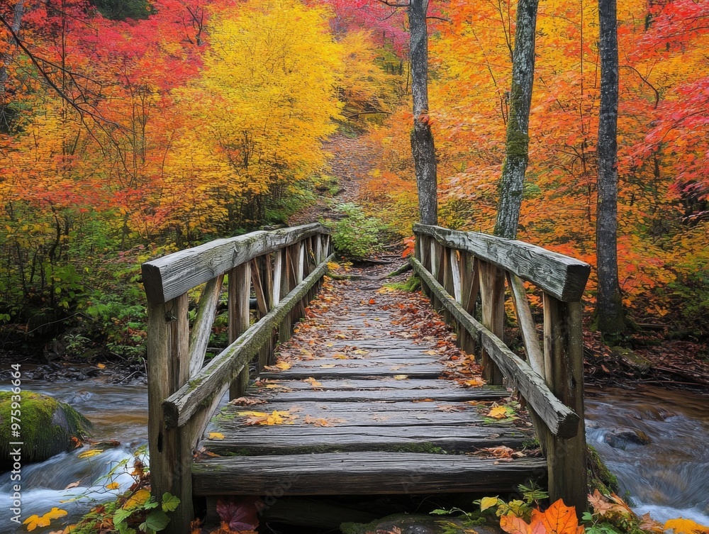 Wooden Bridge Over a Stream in an Autumnal Forest Wooden Bridge Over a Stream in an Autumnal Forest