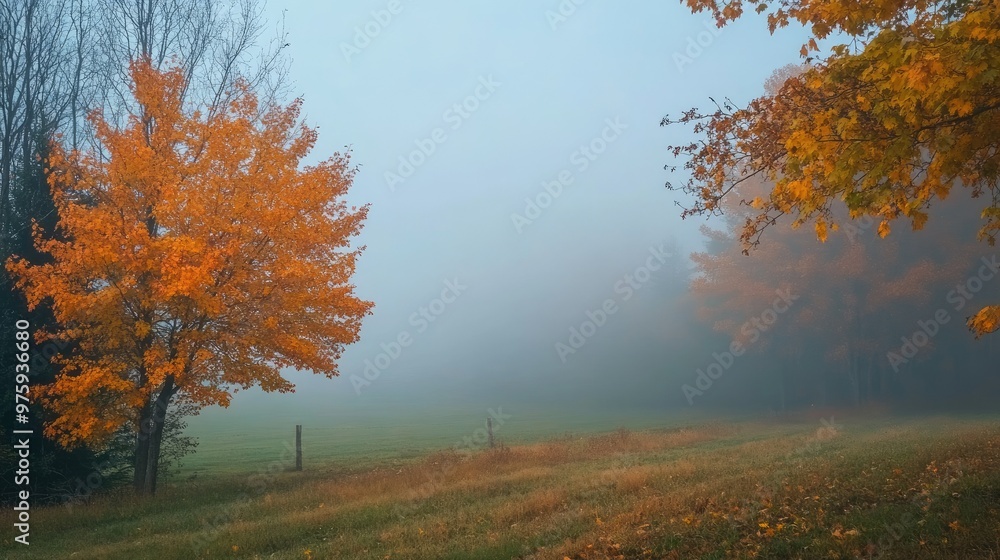A foggy fall morning in the countryside, with trees covered in orange and yellow leaves. A foggy fall morning in the countryside, with trees covered in orange and yellow leaves.