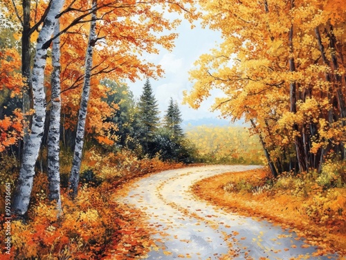 Winding Path Through Autumnal Forest with Birch Trees and Golden Leaves