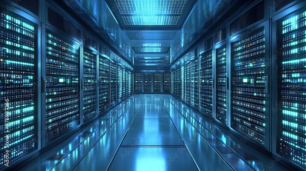 Futuristic server room with neon blue lights Futuristic server room with neon blue lights