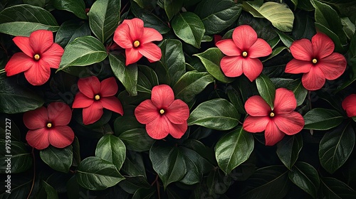 Close-up of red flowers blooming amidst lush green leaves.