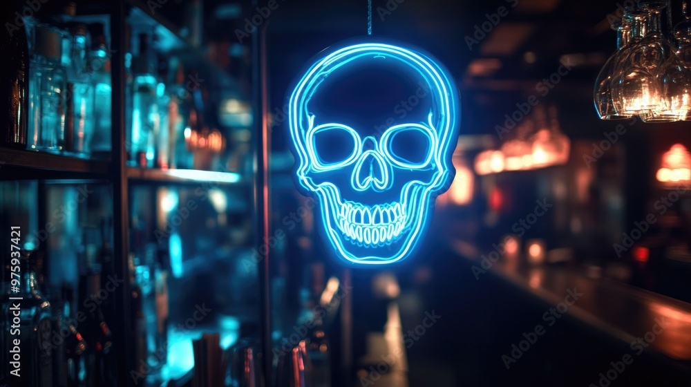 A glowing neon skull sign in a dark bar, creating a moody, edgy vibe for a nightlife-themed photo A glowing neon skull sign in a dark bar, creating a moody, edgy vibe for a nightlife-themed photo
