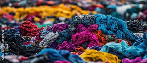 Endless landfills of synthetic fabrics plastic fibers polluting the soil fast fashion lasting impact on the earth photo