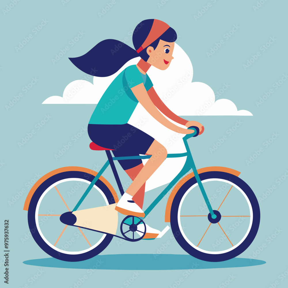Fototapeta premium Young girl riding a bicycle joyfully on a colorful background with clouds
