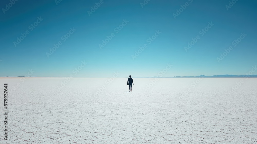 Fototapeta premium A lone figure walking through a vast, dry salt flat, with the horizon stretching endlessly in the distance.