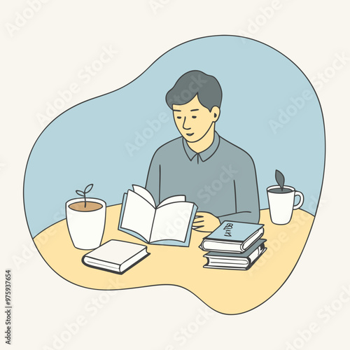 young Chinese male studying and learning at a table, besides him is a pile of books, an apple and a pot of coffee