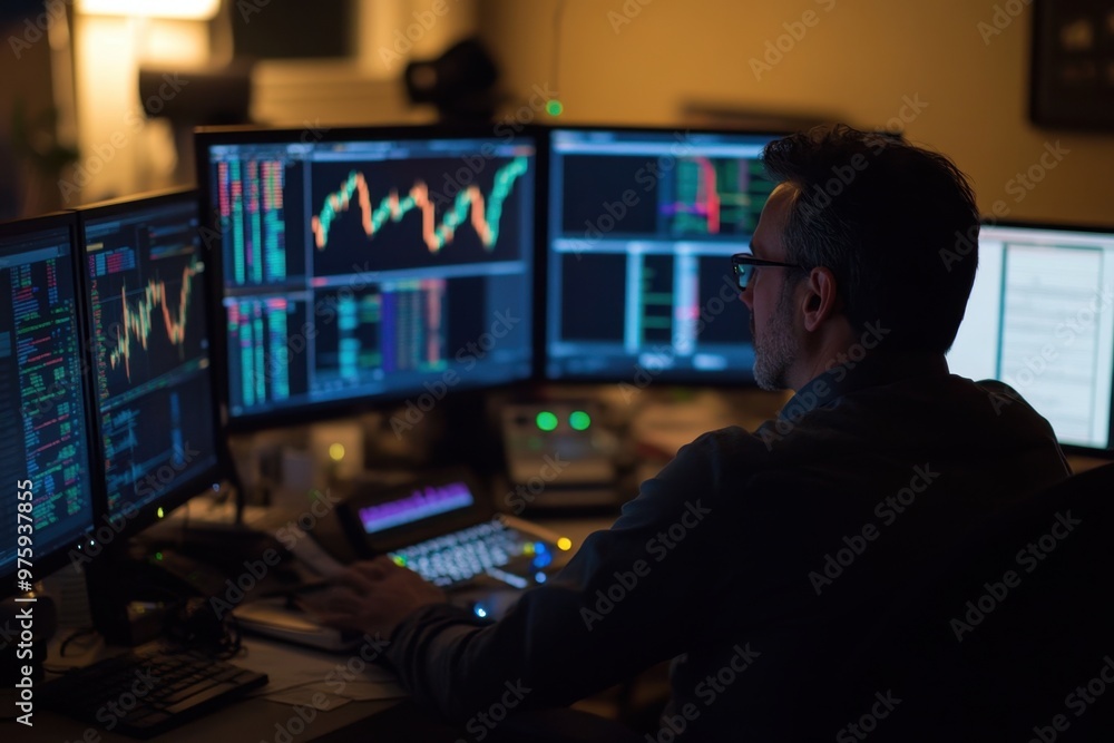 Investor working late at night on multiple monitors tracking stocks and investments illuminated by computer screens dim lighting Investor working late at night on multiple monitors tracking stocks and investments illuminated by computer screens dim lighting