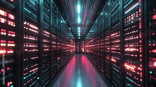Futuristic server room with glowing LED lights