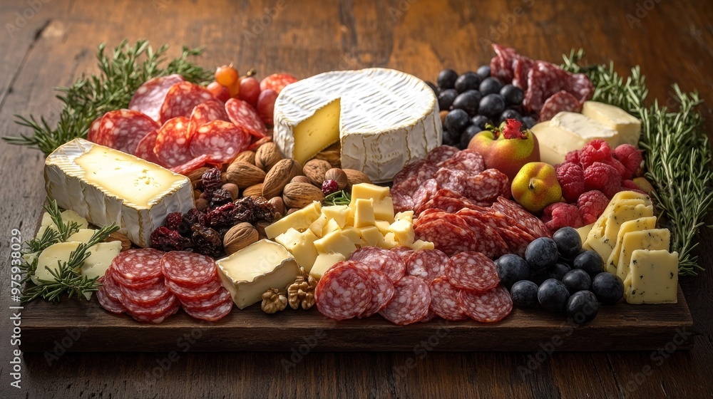 A beautifully arranged charcuterie board with an assortment of cheeses, meats, fruits, and nuts, elegantly displayed on a rustic wooden table. A beautifully arranged charcuterie board with an assortment of cheeses, meats, fruits, and nuts, elegantly displayed on a rustic wooden table.